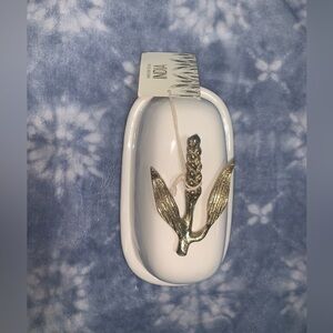 Daughters of India White and Gold Leaf butter dish